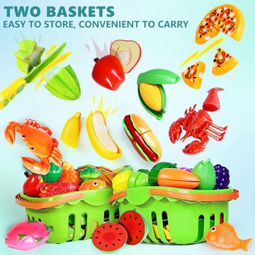 100 PCS Cutting Play Food Toy for Kids Kitchen, Pretend Food Kitchen Toys Accessories with 2 Baskets, Fake Food/Fruit/Vegetable, Christmas Birthday Gifts for 2 3 4 5 Years Old Toddlers Boys Girls - color: Green