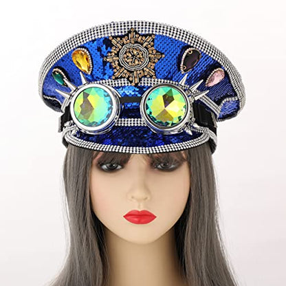 GRACEART Women's Burning Man Sequin Hat Mucis Festival Military Captain Hats Steampunk Caps with Goggles - style: Style-19(with Goggle)