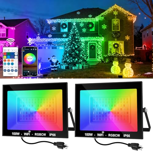 RGB LED Flood Light Outdoor 1000W Equivalent, 100W Bluetooth RGBCW Smart Floodlights 2700K, 16 Million Color Changing, Timing, Music Sync, IP66 Waterproof Landscape Light with US Plug (2 Pack) - size: 2 PackS