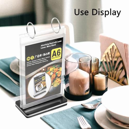 2Pcs Table Flip Menu Holder with 6 Pages Sleeve, 4" X 6" Tabletop Sign Signage Vertical Display Stand with Base, Acrylic PVC Rotating Poster Binders Rack, for Photo, Restaurant, Bar, Job Fair