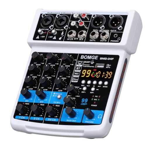 BOMGE 4 Channel Professional Audio Mixer, Sound Board Mixing Console with USB, Bluetooth, Stereo Recording, 48V Phantom Power, 99 DSP for karaoke/performance/church singing/podcas streaming - color: WHITE-04F