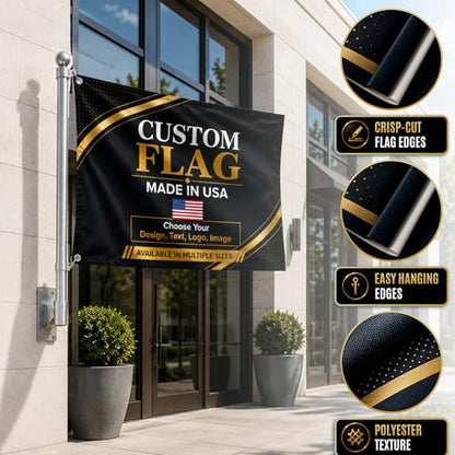 Custom Flag by BCB Print; Personalized Outdoor Flag with Photo Text Logo; 1 x 1 1/2 2x3 3x5 4x6 5x8 FT; HD Print; 2 Grommets; No Pole Hardware; Made in USA Fast Delivery - color: Flag