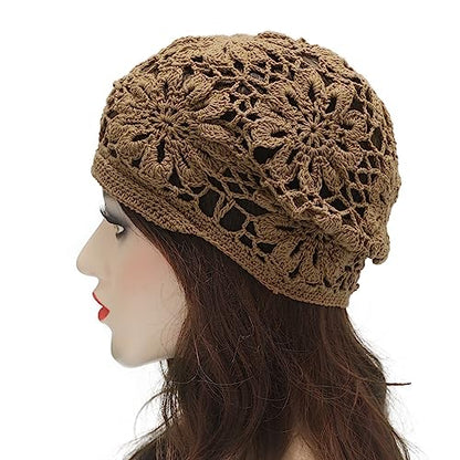 ZLYC Women Cotton Crochet Slouchy Beanie Hat Handmade Knit Summer Skull Cap | Lightweight breathable,boho casual chic look,travel photos festival party,café commute daily wear,beach concert gathering - color: Knit Tan