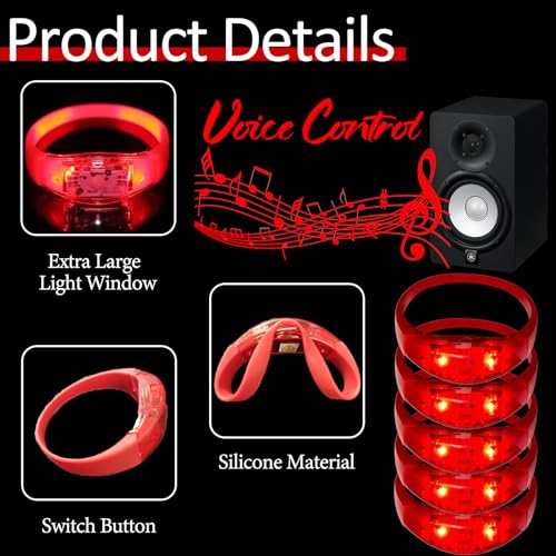 24 Pcs LED Glow Bracelets Sound Activated Bracelet Glow Bracelets with Flashing LED Strobe for Carnival,Concerts , Night Events, Rave, Game Prizes, Birthday Party Favor, New Year's Eve Gift (red) - color: Red