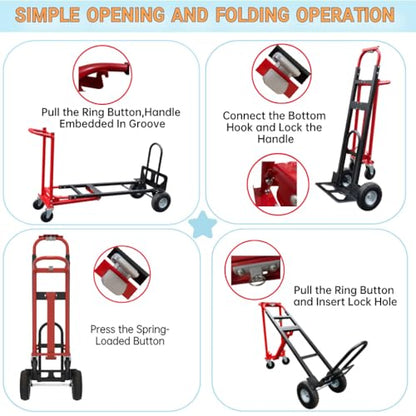 Red Convertible Hand Truck Dolly Cart with 4 Wheels Heavy Duty,1000 Lbs Capacity, 2 Straps for Moving Furniture/Appliance/Carton/Warehouse/Office/Easy to Follow Video to Install - color: Red