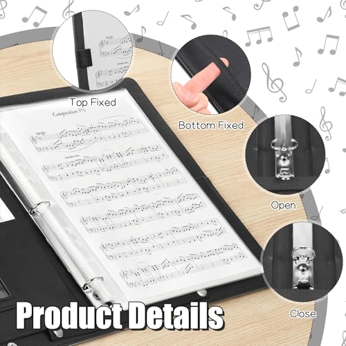 Choral Sheet Music Folder Organiser 3 Ring Black Choir Binder with Hand Strap PU Piano Music Sheet Holder Storage with Plastic Sleeves Fits Letter Size 8.5 x 11 Inch for Guitar, Orchestra, Band