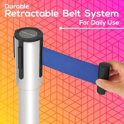 DuraSteel Chrome Crowd Control Barriers Stanchions with Retractable Belts - Metal Stanchion Posts w/ 6.5ft Blue Retractable Barrier Belt Ropes - Queue VIP Safety Line Dividers - Set of 2 Stantions - color: Blue Belt, style: Silver Stanchion 2 Pcs Set