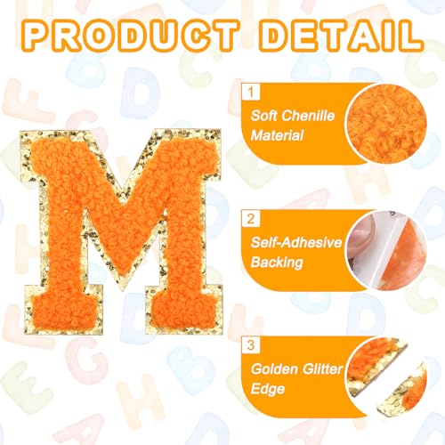 MECCANIXITY Chenille Letter Patches 2.2" Self Adhesive Alphabet M Stick on Embroidered Patch Sew on Letter Stickers Applique for Repairing Clothing Jeans Shoes Hats DIY(Orange, Pack of 2) - style: Letter-M