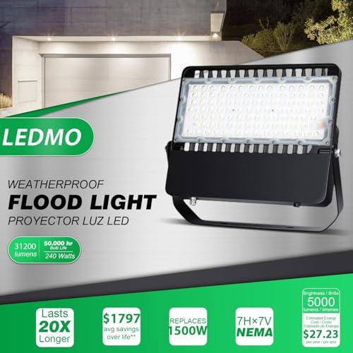 ledmo LED Flood Light Outdoor 240 Watt, Floodlights with Dusk to Dawn | Photocell High Output 36000 Lumen, Commercial Grade Lighting Fixture for Large Stadium,Yard, 5000K Daylight, IP65 Waterproof - size: Standard-Photocell
