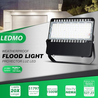 ledmo LED Flood Light Outdoor 240 Watt, Floodlights with Dusk to Dawn | Photocell High Output 36000 Lumen, Commercial Grade Lighting Fixture for Large Stadium,Yard, 5000K Daylight, IP65 Waterproof - size: Standard-Photocell