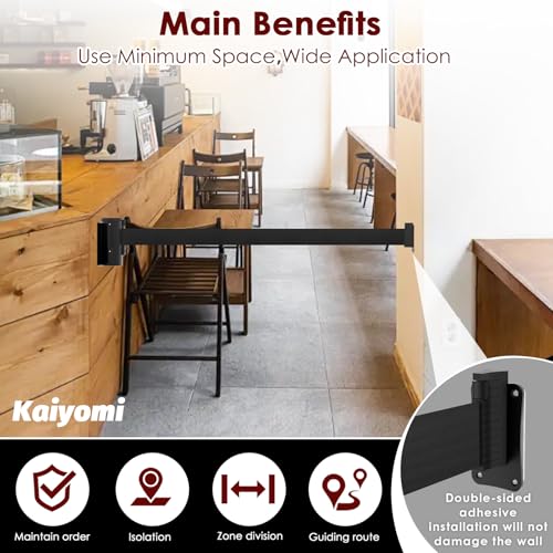 kaiyomi 11 Feet Retractable Belt Barriers Fixed Wall Mount (Black Belt) | Crowd Control Barriers with Black Steel Case, Stainless Steel Spring Expansion Belt - color: Black, size: 11 Feet Upgraded