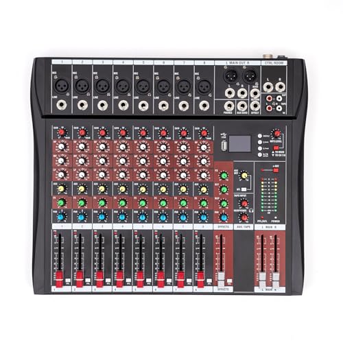 Professional 8-Channel Audio Mixer, Audio Interface, Bluetooth Studio Audio Mixer Live Sound Mixing Console with USB, Music Recording Equipment with 48V Phantom Power RCA Input XLR