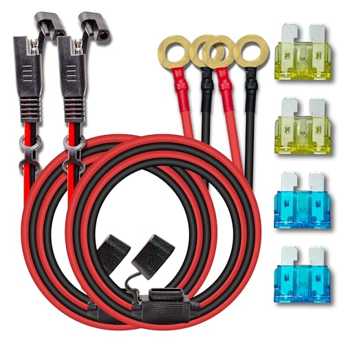 BFXM 2PCS 10AWG 6FT SAE Connector Extension Cables with 15& 20A Fuse | 2 Pin SAE to O Ring Terminal Quick Disconnect Harness for Car, Motorcycle, Solar Panel - color: 10awg6ft*2