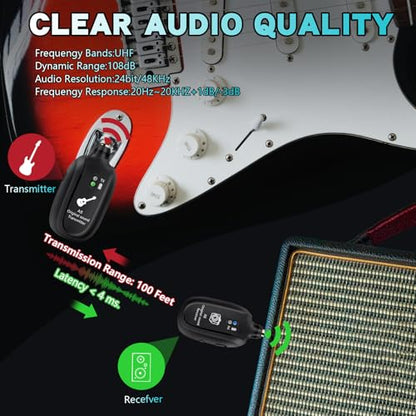 A8 Wireless Guitar Transmitter Receiver System - 2.4GHz Rechargeable, 24-bit/48KHz Audio, Low Latency <4ms for Electric Guitar & Bass - Clean Wireless Audio for MUSIC and BASS GUITARS 2(2TX+1RX) - size: A8 Wireless Guitar System (2TX+1RX)