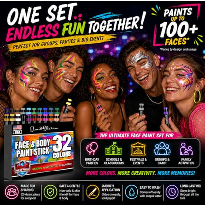 Jim&Gloria Face Paint Kit Bulk 32 Professional Face Painting Kit for Party, Metallic, Neon, Classic Makeup, Facepaint Crayons, Washable Body Paint Adults, Teenage Girls and Boys Christmas Gifts Crafts