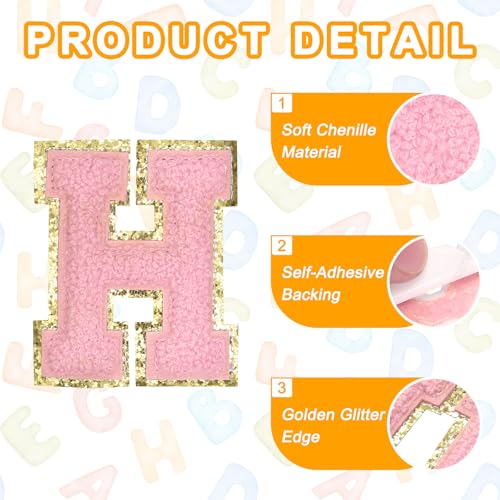 MECCANIXITY Chenille Letter Patches 2.2" Self Adhesive Alphabet H Stick on Embroidered Patch Sew on Letter Stickers Applique for Repairing Clothing Jeans Shoes Hats DIY(Pink, Pack of 6) - style: Letter-H