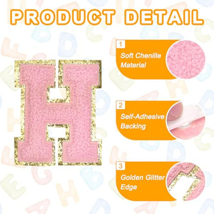 MECCANIXITY Chenille Letter Patches 2.2" Self Adhesive Alphabet H Stick on Embroidered Patch Sew on Letter Stickers Applique for Repairing Clothing Jeans Shoes Hats DIY(Pink, Pack of 6) - style: Letter-H