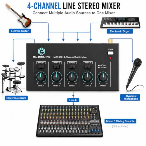 4 Channel Mini Audio Mixer, Stereo Line Mixer with Mono/Stereo Switch, Ultra-Low Noise Sub-Mixer, 1/4" & 1/8" TS/TRS I/O, 5V Adapter, for Keyboard, Guitar, Bass, Electronic Drums