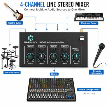 4 Channel Mini Audio Mixer, Stereo Line Mixer with Mono/Stereo Switch, Ultra-Low Noise Sub-Mixer, 1/4" & 1/8" TS/TRS I/O, 5V Adapter, for Keyboard, Guitar, Bass, Electronic Drums