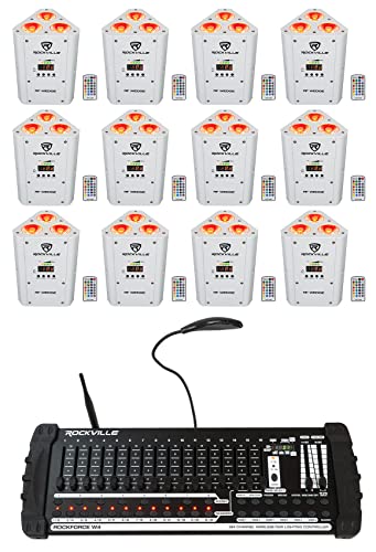 Rockville RF Wedge White Up Light 12-Pack with ROCKFORCE W4 Controller | 24-Hour Battery, 7800 mAh, RGBWA+UV, Wireless DMX, MIDI, 384 Channel, Sound Activated, 12 RF Remotes, DJ, 13-Items