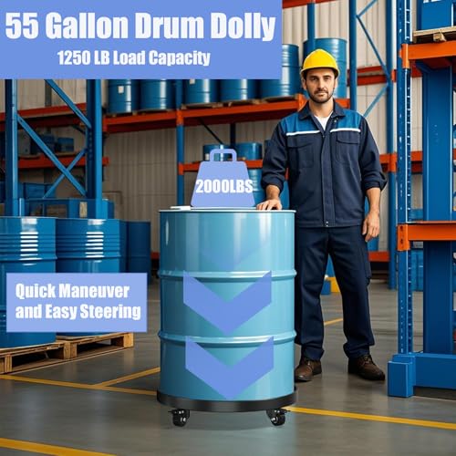55 Gallon Drum Dolly Heavy-Duty All-Steel Barrel Cart with Cross Braces, 4 Swivel Caster Wheels, 2000 lbs Capacity Non-Tipping Hand Truck for Warehouse Drum Handling & Transport - size: 24.5"L x 24.5"W x 4.5"H