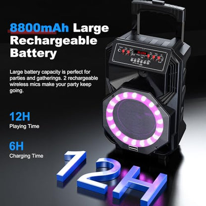 Karaoke Machine with 2 Wireless Microphones, Rolling Wheels and Trolley | 8800mAh Portable Bluetooth Speaker, PA System with Lights, Adjustable Bass/Treble/Echo for Parties, Indoor and Outdoor Use