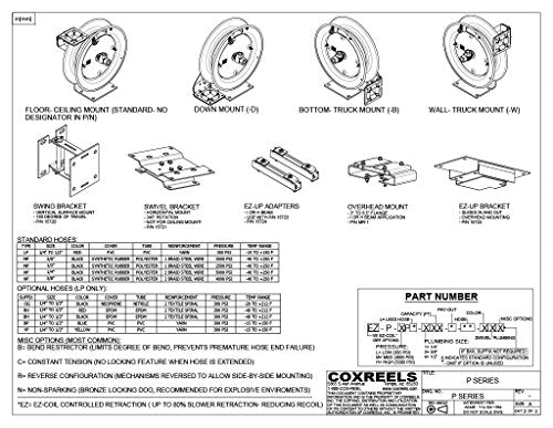 Coxreels P-LP-125 Low Pressure Retractable Air/Water Hose Reel: 1/4" I.D., 25' Hose Capacity, with Hose, 300 PSI, Made in USA - size: 1/4", style: 25'