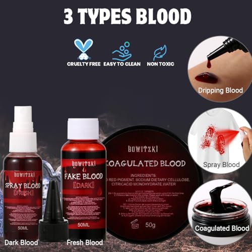 Bowitzki Professional SFX Makeup Kit – Special Effects Makeup Kit with Fake Blood, Coagulated Blood, Liquid Latex, Bruise & Zombie Face Paint for Halloween, Cosplay, Horror FX, Theater