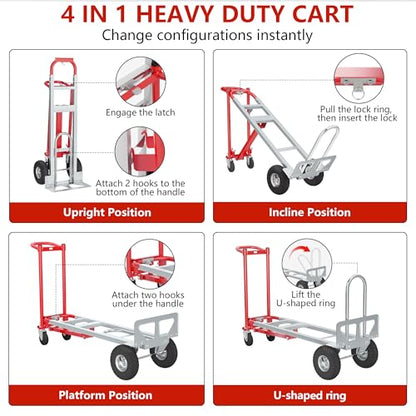 4 in 1 Convertible Hand Truck-1,000lb Heavy-Duty Folding Hand Truck Dolly Cart with Solid Wheel, 1000LBS Heavy Duty Steel Dolly for Logistics, Warehouse, Home, Office Moving, Delivery - size: 4 Wheels with 1000 lbs capacity(steel)