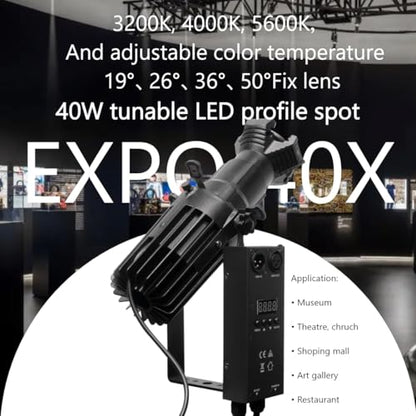 ZVH EXPO 40 ellipsoidal spotlight,ellipsoidal light,LED stage light,Four interchangeable lens angles of19°26°36°50°are available,manual,DMX,church,exhibition, gallery/stage spotlight (3200k-5600K)3pin