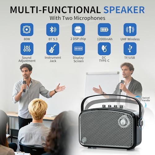 120W Peak Powerful Voice Amplifier with 2 UHF Microphones, Bluetooth Speakers with Bass/Trable/Echo Adjustment, Small PA Speaker System, Karaoke Machine for Adults, Teachers, Public Speaking, Events - color: Black