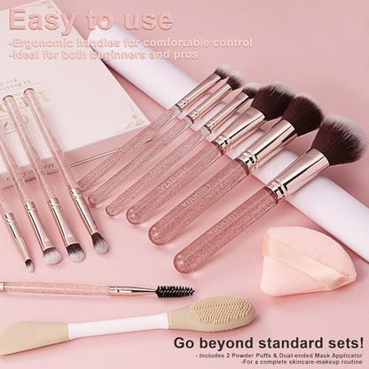 Pink Makeup Brushes Set 14 Pcs Professional, Synthetic Foundation Concealer Powder Blush Eyeshadow Brushes with 2 Powder Puffs & Dual-ended Mask Applicator, Gifts for Women Teen Girls - color: Pink