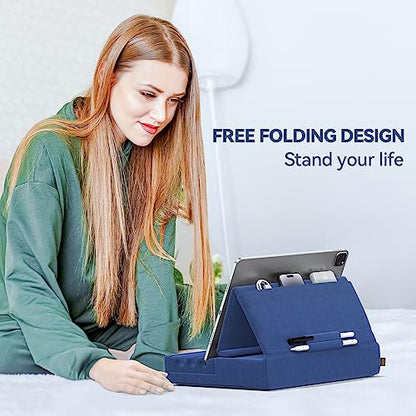 KDD Tablet Pillow Holder, Foldable iPad Stand for Lap, Bed and Desk -Tablet Soft Pad Dock with Pocket & Stylus Mount Compatible with iPad Pro 12.9, 10.5, 9.7 Air Mini 6 5 4 3, Galaxy Tab,E-Reader - color: Blue