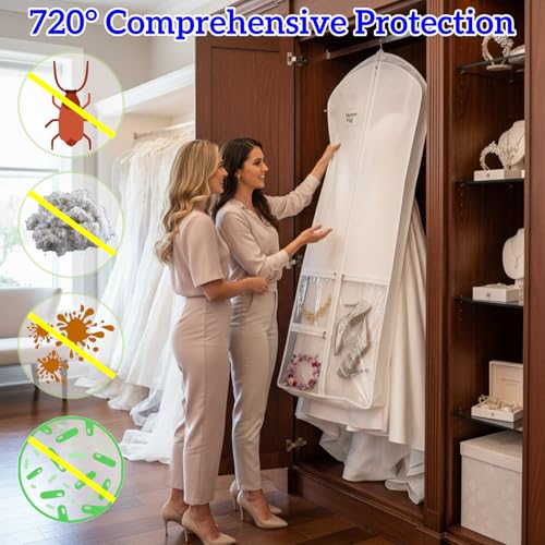 71" Long Wedding Dress Garment Bag with 10" Gusset, Bridal Gown Storage Cover with 4 Pockets, Foldable with 2 Handles, Dress Bag for Women Gowns,Prom,Ballgowns (A-White) - color: A-White