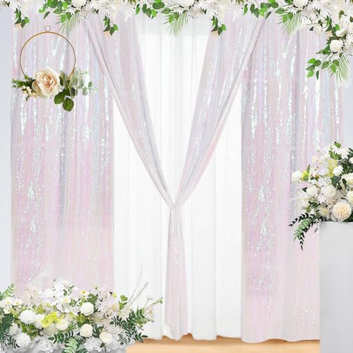 Eternal Beauty White Iridescent 3mm Sequin Backdrop 2x8 Ft 2 Pack Wedding | Dense Sparkle Fabric With Breathable Mesh Backing And Rod Pocket For Bridal Shower Parties And Photo Booth Events - color: Iridescent, size: 2Ftx8Ft