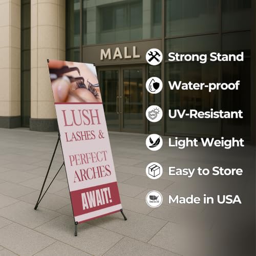 DreamController Lashes & Brows X-Stand Banner by DC | 30"x65" Tripod Display | Lush Lashes Perfect Arches Await Vertical Banner for Trade Shows & Events | Made in USA | (Stand Not Included) - color: Lush Lashes Perfect Arches Await, size: X Banner - 30x65