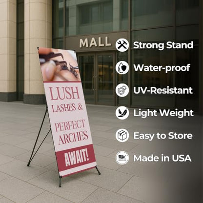 DreamController Lashes & Brows X-Stand Banner by DC | 30"x65" Tripod Display | Lush Lashes Perfect Arches Await Vertical Banner for Trade Shows & Events | Made in USA | (Stand Not Included) - color: Lush Lashes Perfect Arches Await, size: X Banner - 30x65