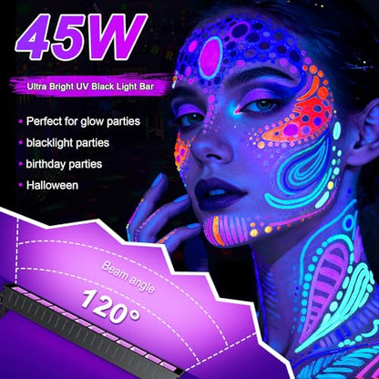 6-Pack UV Black Light Bars 45W, 395NM LED Blacklights for Glow Party, Body Paint, Halloween, Fluorescent Posters, Birthday Decor, IP66 Waterproof - size: 45 Watt(6 Pack)