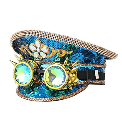 GRACEART Women's Burning Man Sequin Hat Mucis Festival Military Captain Hats Steampunk Caps with Goggles - style: Style-07(with Goggle)