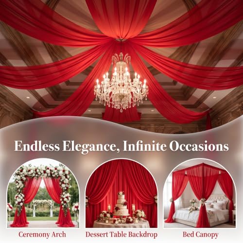 DUOBAO Ceiling Drapes 20ft Red Wedding Backdrops 4 Panels Sheer Curtains | Chiffon Fabric, 5x20ft Each Panel, for Reception Ceremony Arch, Party & Photo Backdrop, Bridal Shower Wedding Event Supplies - color: Red, size: 60"W x 240"L (Pack of 4)