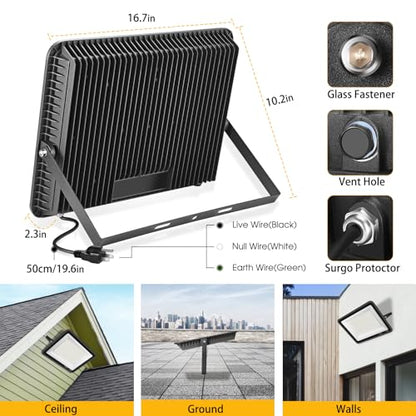 YANYCN 2 Pack 300W Warm White Led Flood Lights Outdoor,3000K Super Bright 43500LM Security Lights with Plug,Exterior IP66 Waterproof FloodLight for Basketball Court, Yard, Garden, Playground - color: 3000K 300W led flood light 2 pack