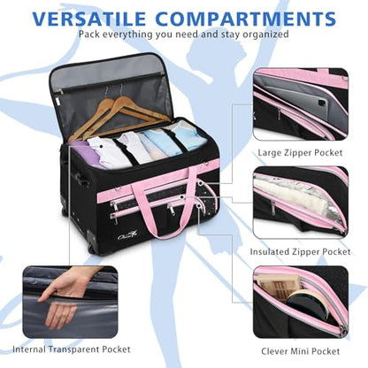 Dance Bag with Garment Rack, 28" Rolling Dance Suitcase Competition Duffle | Upgraded Stable Rack System, Versatile Compartments, Wheeled Dance Bag for Dance Shows, Travel, Cheer, Recital - color: 28" Pink