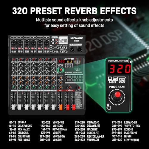 Audio Mixer 8 Channel Professional Sound Console Music Mixer with 320 DSP Effects, 7-band EQ DJ Mixing Board w/USB, Bluetooth, 48V Power Supply, PAD Button for Recording Karaoke PA Drum Live - size: 8 Channel - 13.3in