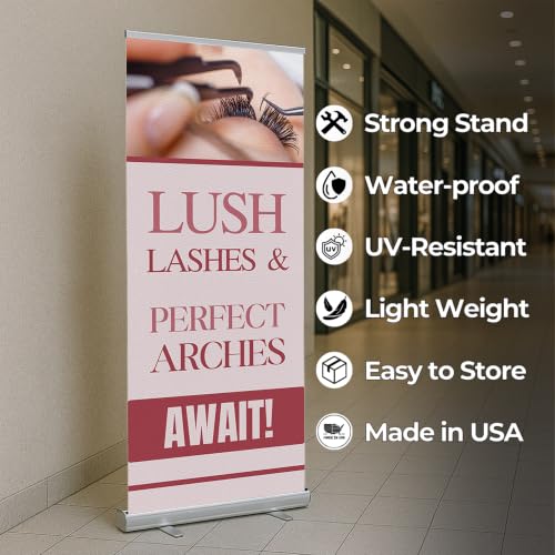 Lashes & Brows Retractable Stand Banner by DC | 33"x81" Roll-Up Display | Lush Lashes Perfect Arches Await Vertical Pull-Up Banner for Trade Shows & Events | Made in USA | (Stand Not Included) - color: Lush Lashes Perfect Arches Await, size: Retractable B