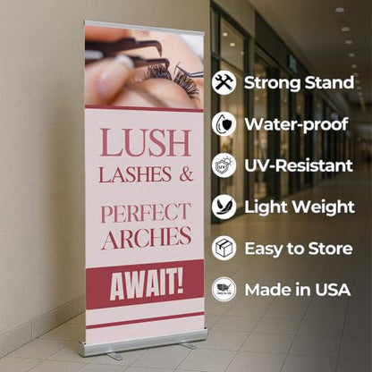 Lashes & Brows Retractable Stand Banner by DC | 33"x81" Roll-Up Display | Lush Lashes Perfect Arches Await Vertical Pull-Up Banner for Trade Shows & Events | Made in USA | (Stand Not Included) - color: Lush Lashes Perfect Arches Await, size: Retractable B