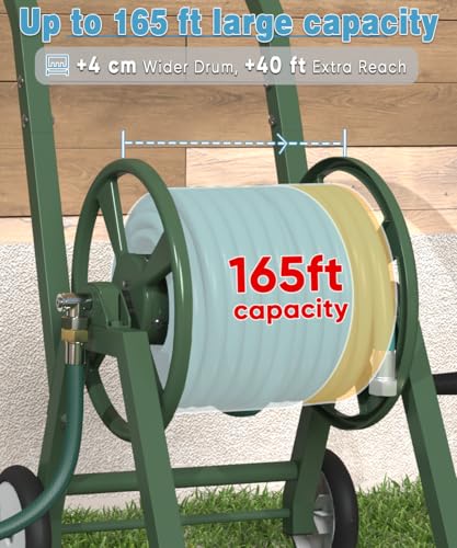Garden Hose Reel Cart with Wheels, Holds 165 ft of 5/8’’ Hose Outdoor Heavy Duty Powder-coated Steel Water Storage Holder Rack with 3.9 Ft Leader Hose for Outside Lawn Yard, Green