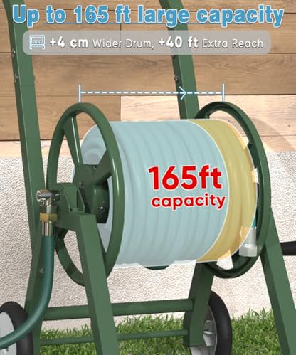 Garden Hose Reel Cart with Wheels, Holds 165 ft of 5/8’’ Hose Outdoor Heavy Duty Powder-coated Steel Water Storage Holder Rack with 3.9 Ft Leader Hose for Outside Lawn Yard, Green
