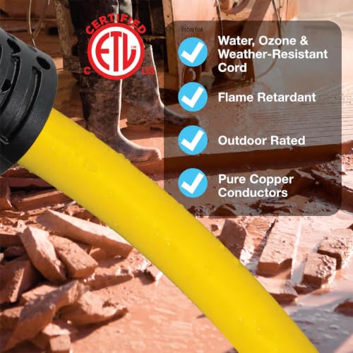 Clear Power 50 ft 12/3 SJTW Heavy Duty Outdoor Extension Cord, Water & Weather Resistant, Flame Retardant, Yellow, 3 Prong Grounded Plug, CP10145 - size: 50 ft