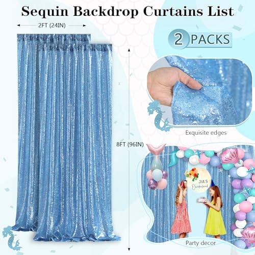 Baby Blue Sequin Backdrop 2 Panels 2FTx8FT Glitter Party Backdrop Curtains | Birthday Bridal Curtains Sparkle Photo Backdrop, Sparkly 3MM sequins with 4 inch rod pockets - color: Baby Blue, size: 2 pcs-2ftx8ft