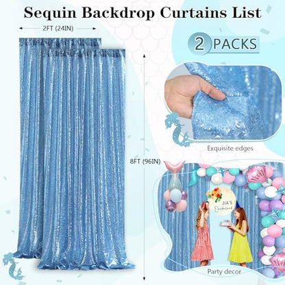 Baby Blue Sequin Backdrop 2 Panels 2FTx8FT Glitter Party Backdrop Curtains | Birthday Bridal Curtains Sparkle Photo Backdrop, Sparkly 3MM sequins with 4 inch rod pockets - color: Baby Blue, size: 2 pcs-2ftx8ft